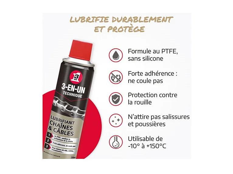 Lubrifiant Chaînes et Câbles 3-en-1 BBE 250ml - 33602/10