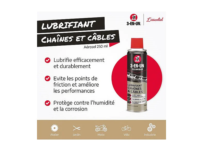Lubrifiant Chaînes et Câbles 3-en-1 BBE 250ml - 33602/10