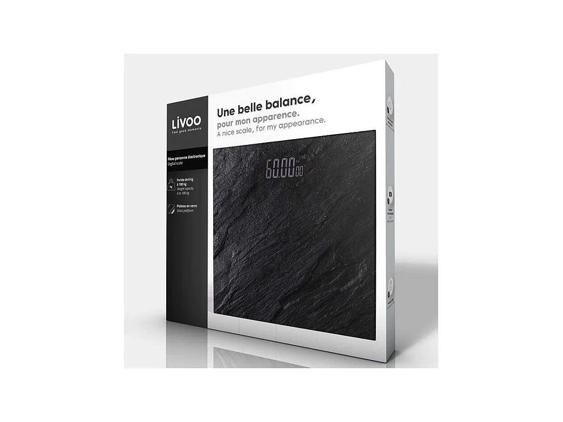 LIVOO DOM382PI - Pese-personne electronique -  Impression pierre -  Plateau en verre -  Pesee jusqua 180 kg -  Precision 100g