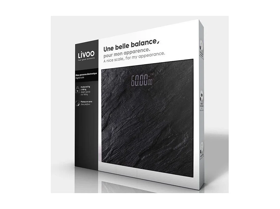 LIVOO DOM382PI - Pese-personne electronique -  Impression pierre -  Plateau en verre -  Pesee jusqua 180 kg -  Precision 100g