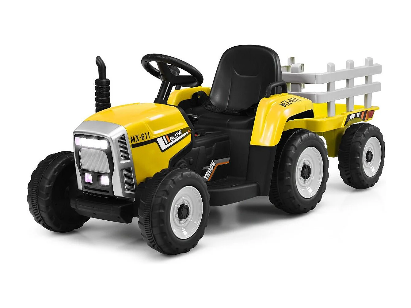 Tracteur Electrique avec Remorque pour Enfants 3 Vitesses Lumières LED Fonctions Audio USB et Bluetooth Jaune