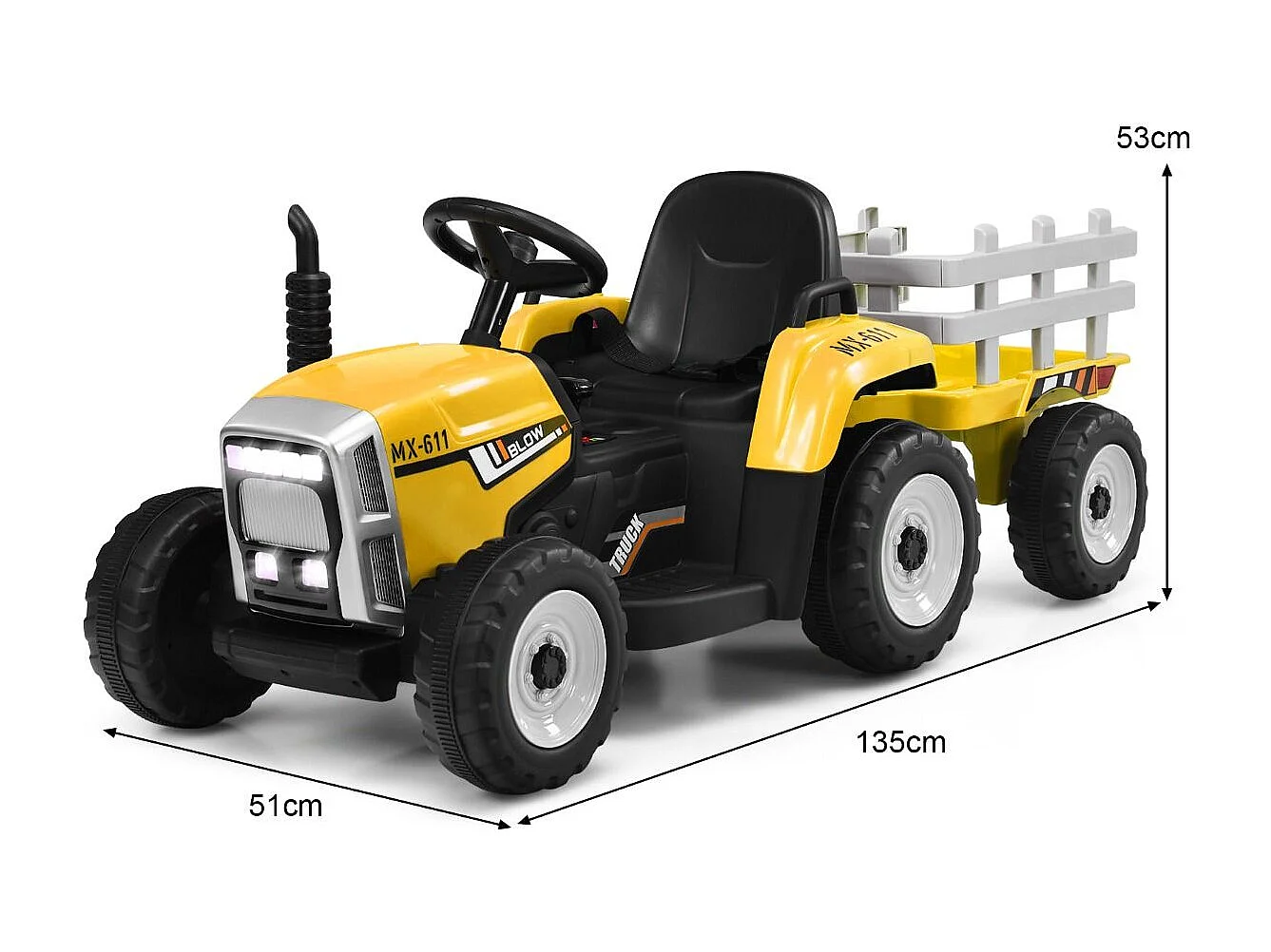 Tracteur Electrique avec Remorque pour Enfants 3 Vitesses Lumières LED Fonctions Audio USB et Bluetooth Jaune