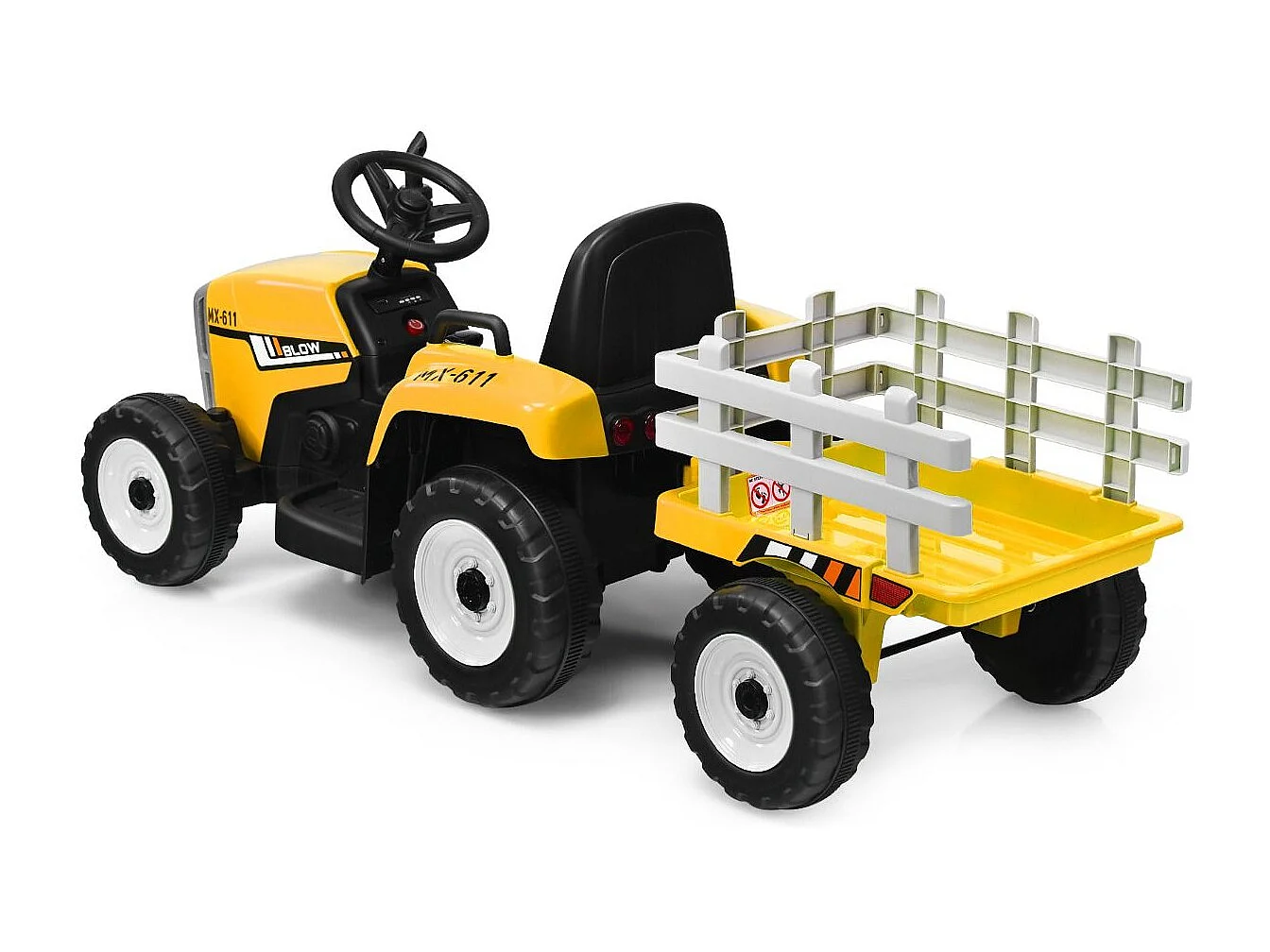 Tracteur Electrique avec Remorque pour Enfants 3 Vitesses Lumières LED Fonctions Audio USB et Bluetooth Jaune