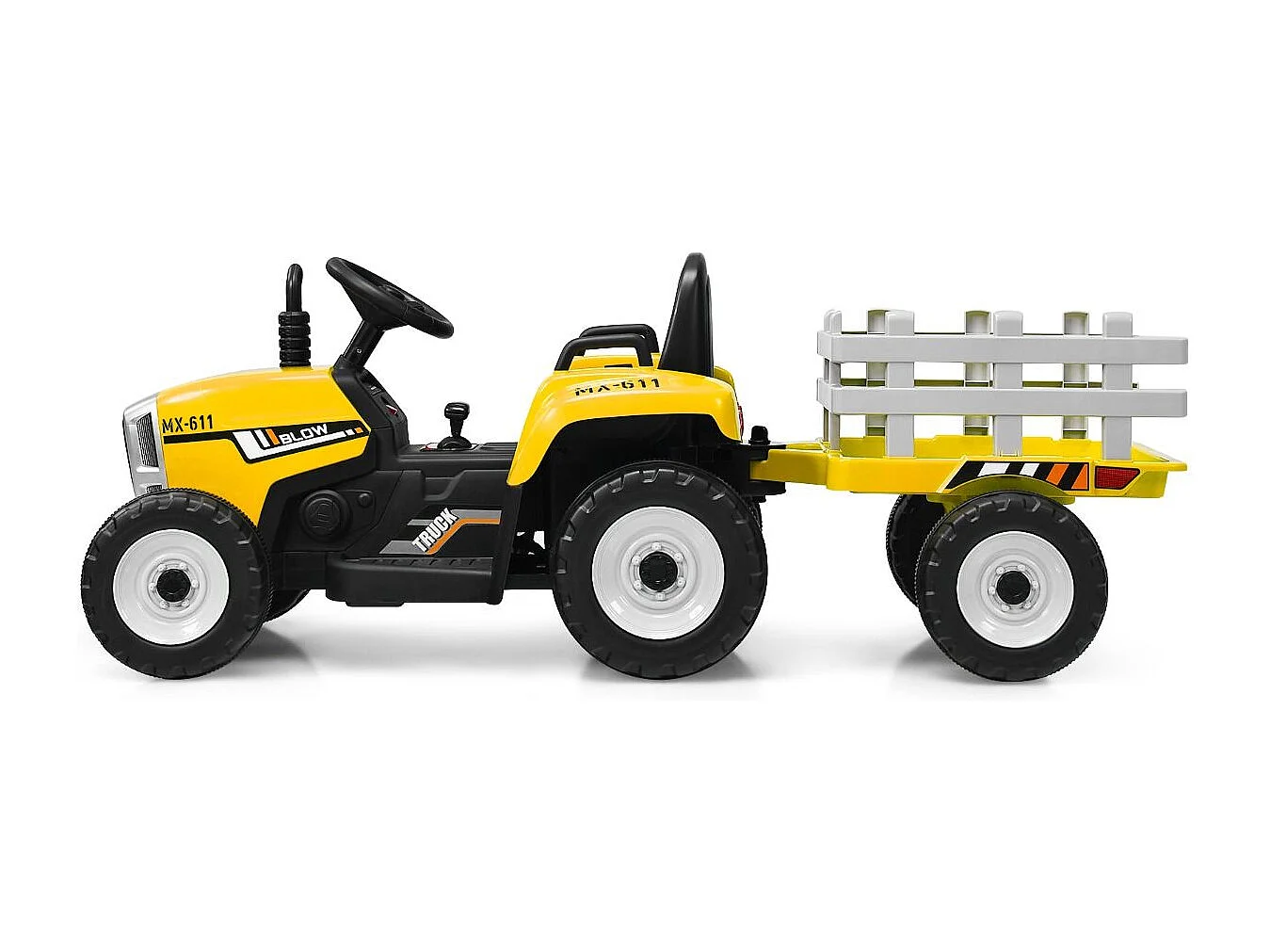 Tracteur Electrique avec Remorque pour Enfants 3 Vitesses Lumières LED Fonctions Audio USB et Bluetooth Jaune