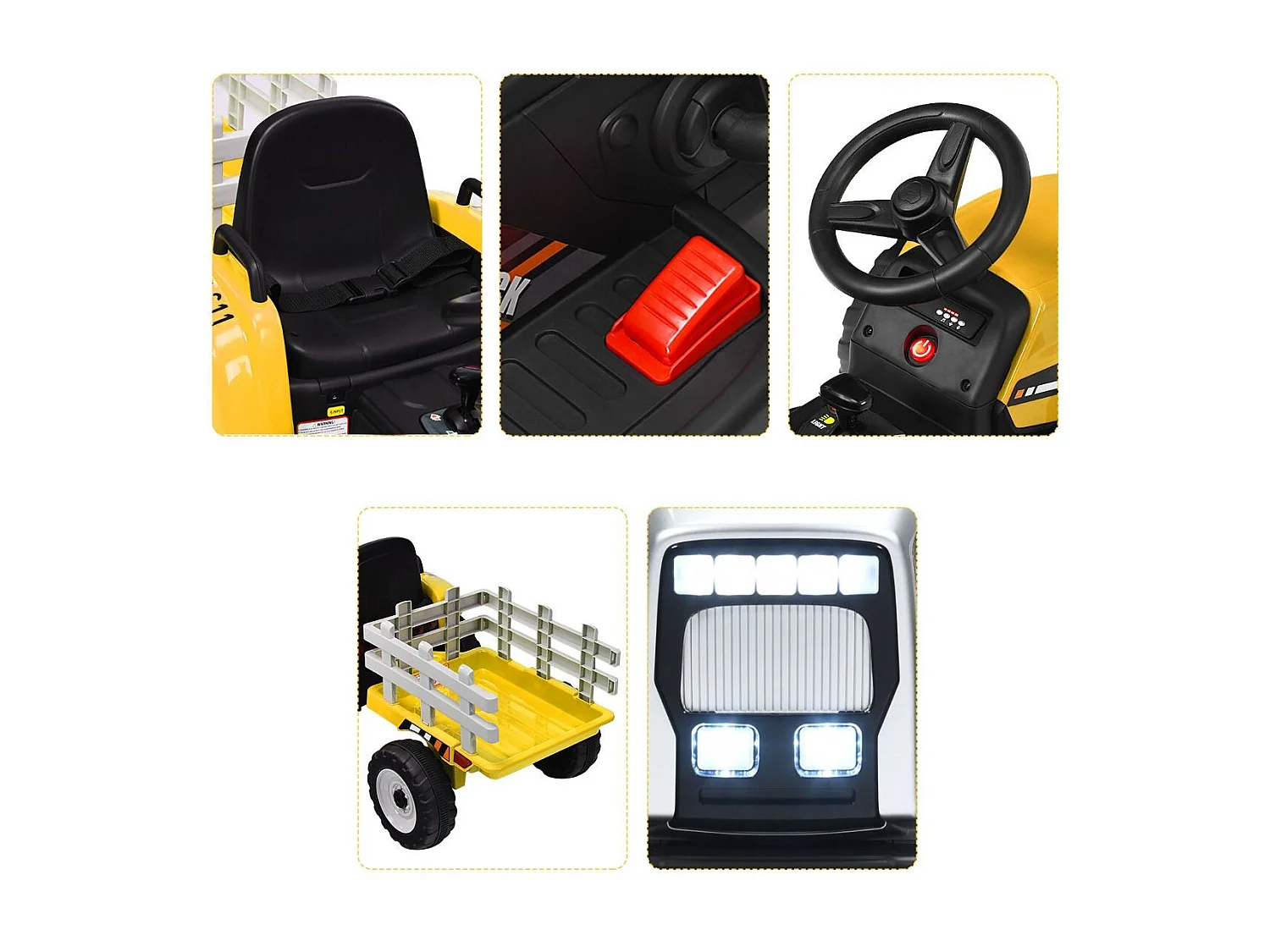 Tracteur Electrique avec Remorque pour Enfants 3 Vitesses Lumières LED Fonctions Audio USB et Bluetooth Jaune