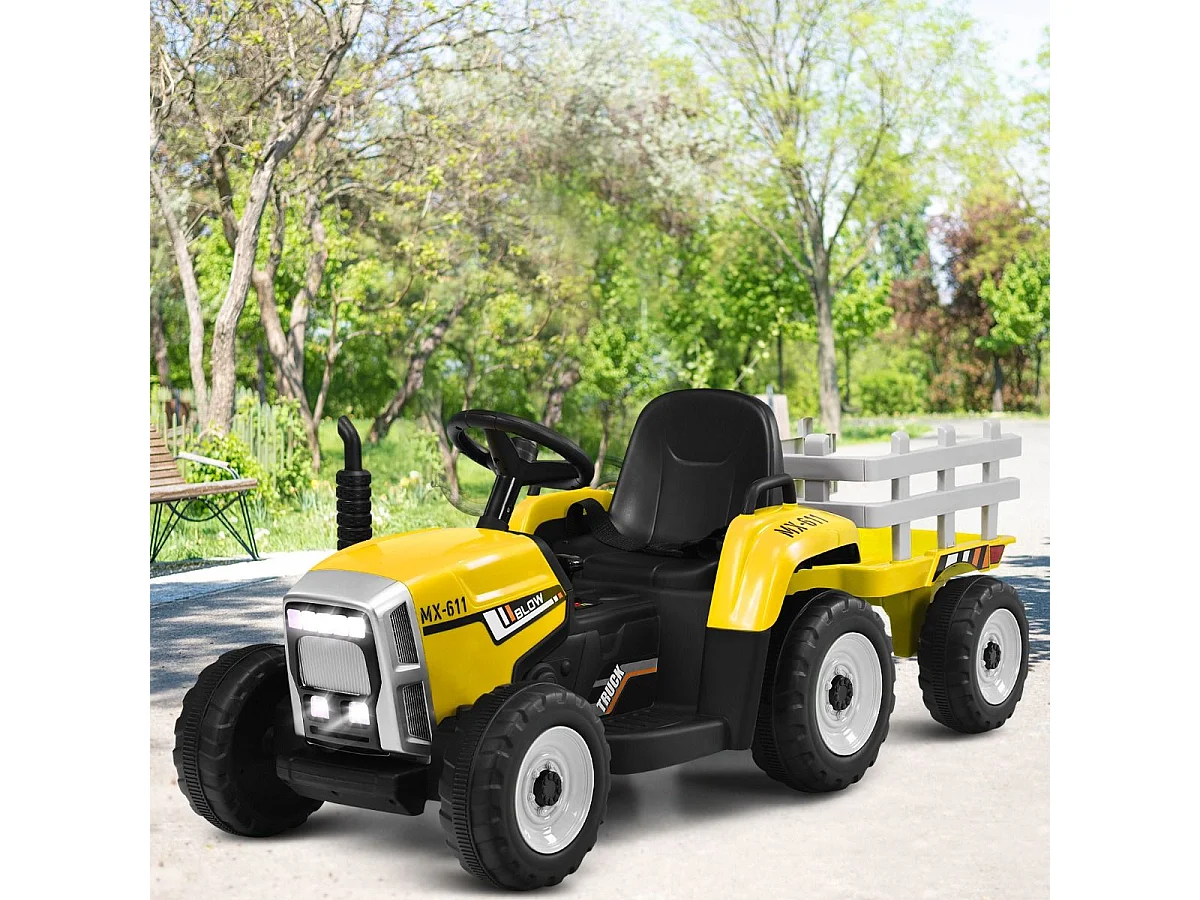 Tracteur Electrique avec Remorque pour Enfants 3 Vitesses Lumières LED Fonctions Audio USB et Bluetooth Jaune