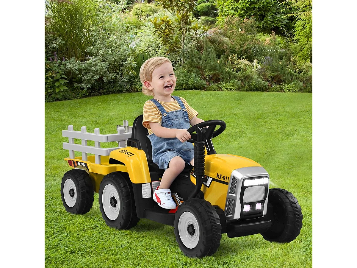 Tracteur Electrique avec Remorque pour Enfants 3 Vitesses Lumières LED Fonctions Audio USB et Bluetooth Jaune