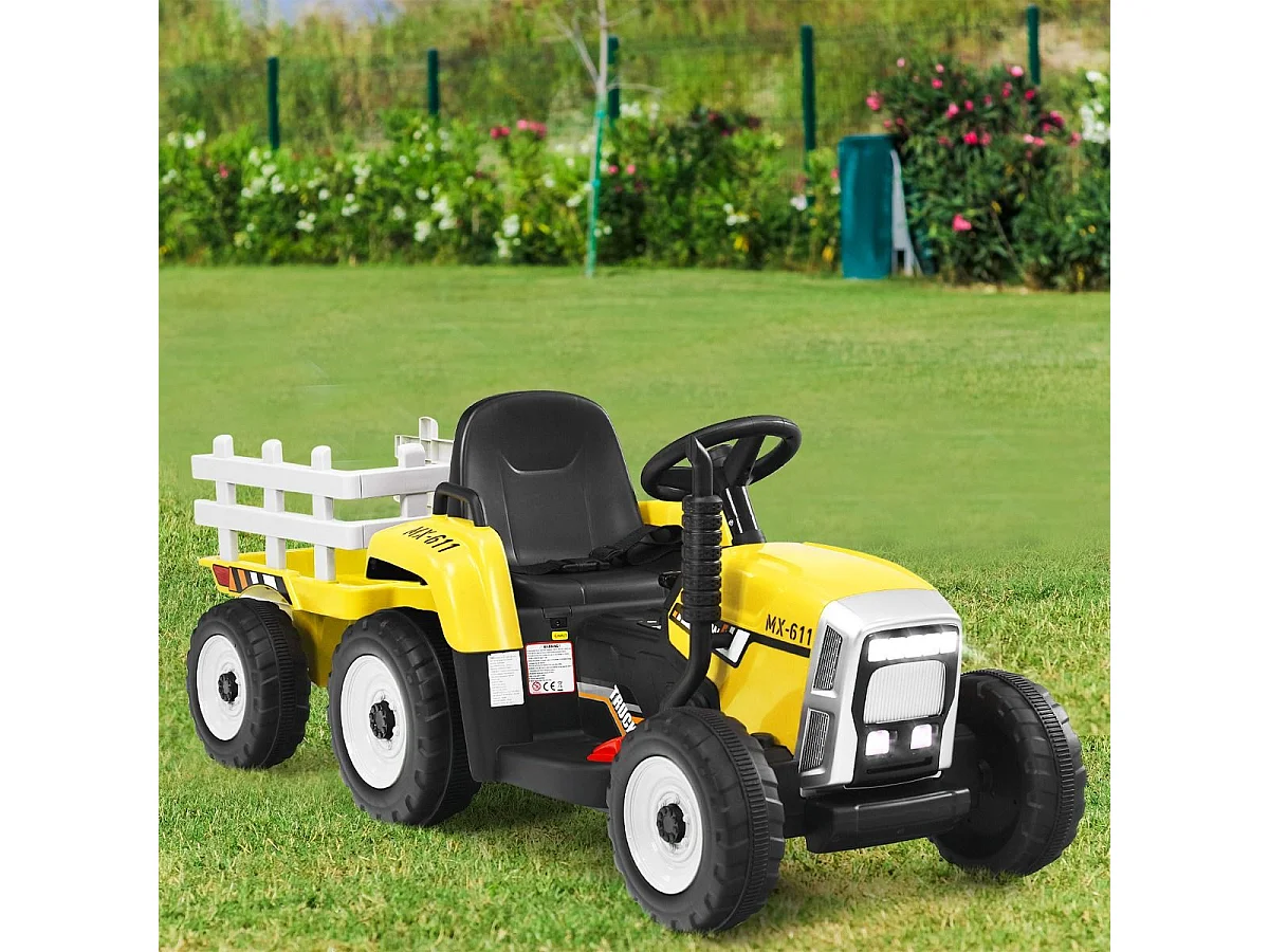 Tracteur Electrique avec Remorque pour Enfants 3 Vitesses Lumières LED Fonctions Audio USB et Bluetooth Jaune