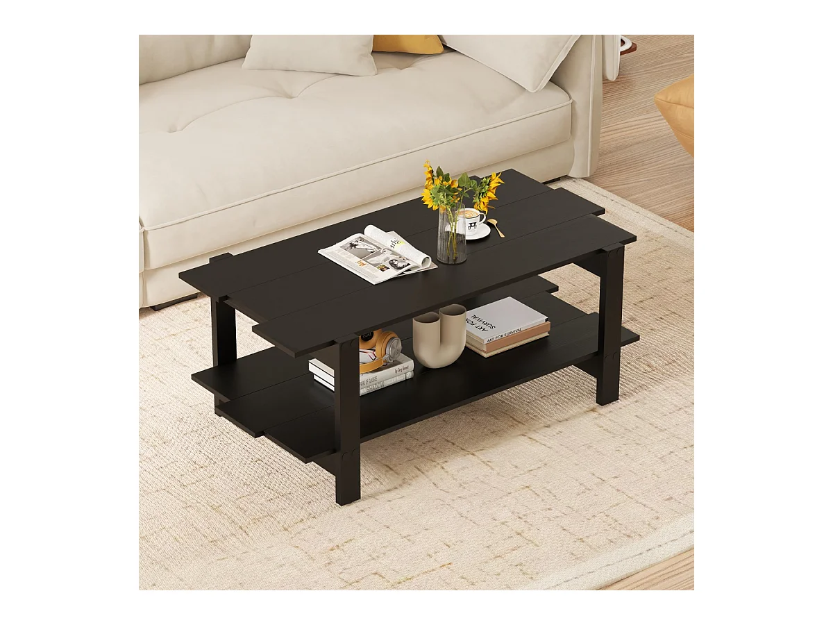 Table Basse à 2 Niveaux Table Centrale en Bois à Lattes avec Étagère de Rangement Table Cocktail  d'Accent Capacité de 120kg Noir