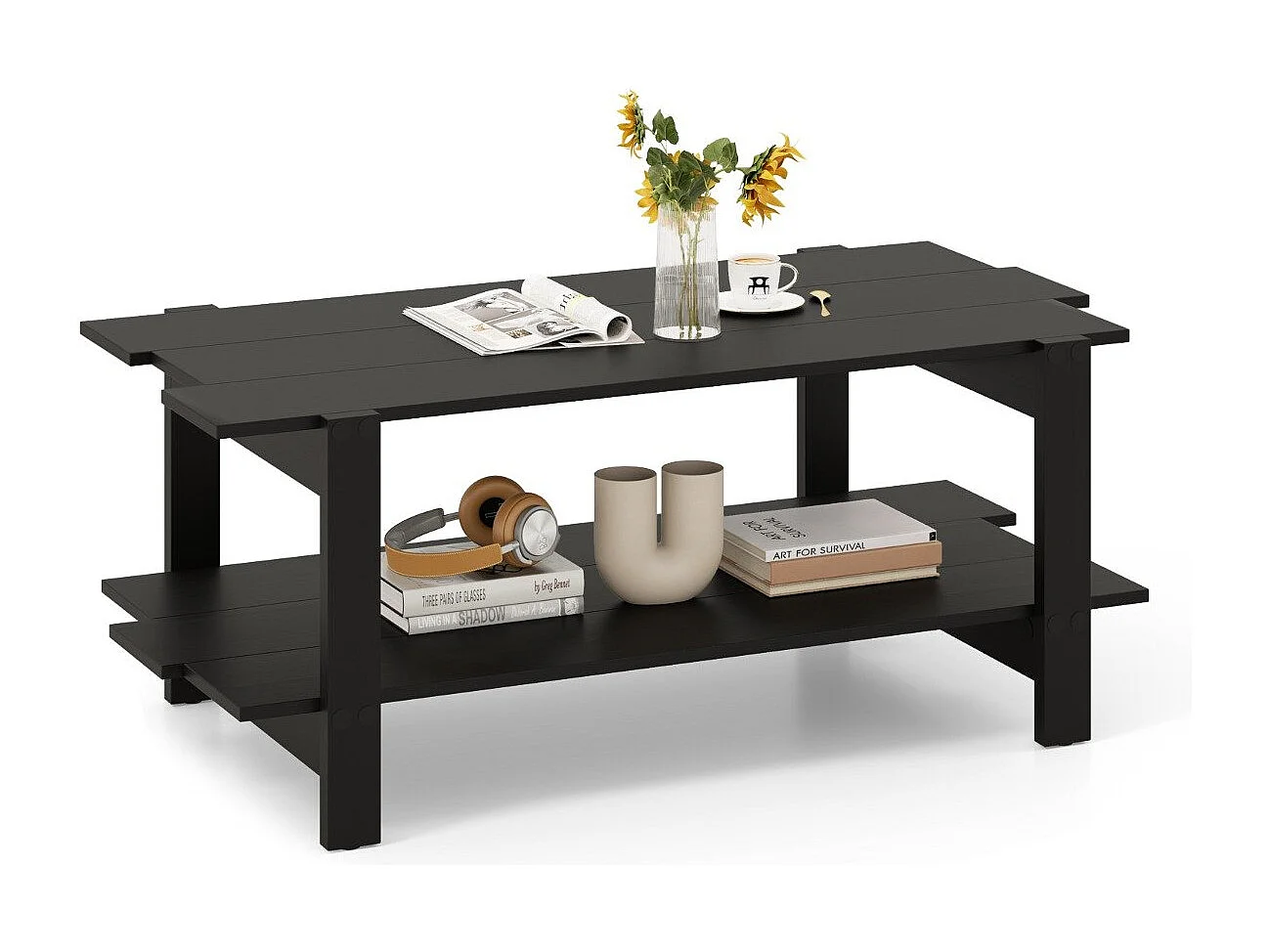 Table Basse à 2 Niveaux Table Centrale en Bois à Lattes avec Étagère de Rangement Table Cocktail  d'Accent Capacité de 120kg Noir