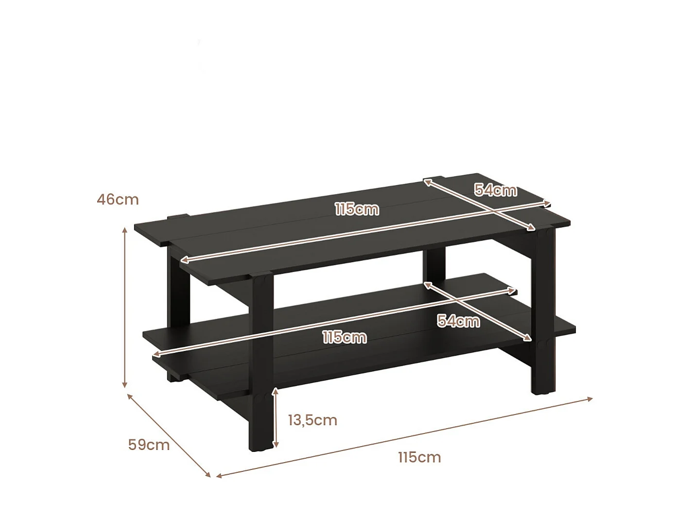 Table Basse à 2 Niveaux Table Centrale en Bois à Lattes avec Étagère de Rangement Table Cocktail  d'Accent Capacité de 120kg Noir
