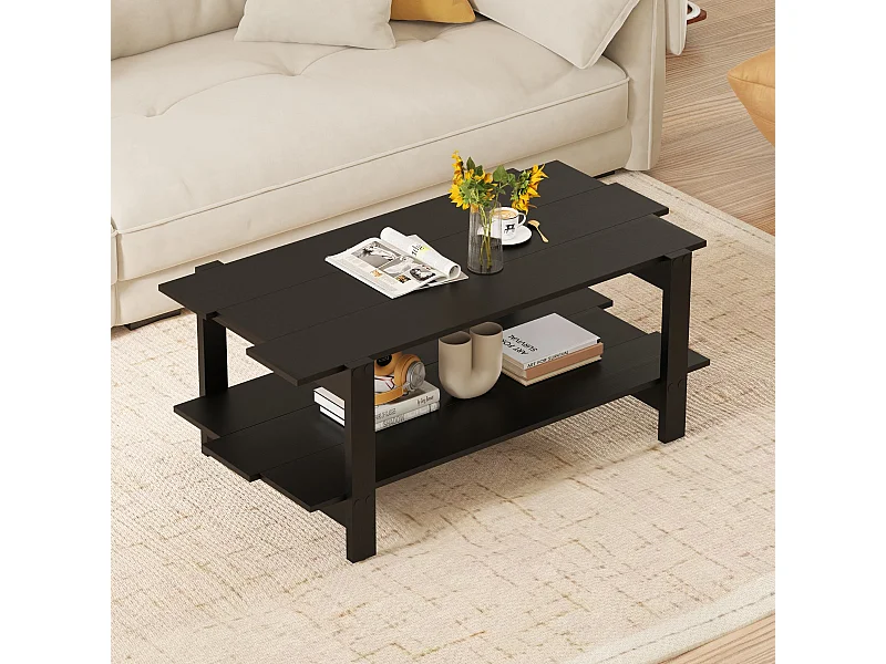 Table Basse à 2 Niveaux Table Centrale en Bois à Lattes avec Étagère de Rangement Table Cocktail  d'Accent Capacité de 120kg Noir