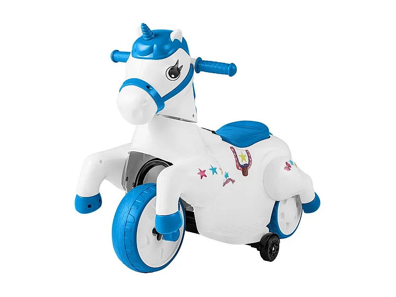 Giocattolo unicorn a cavallo 12V con ruote di addestramento modalità di equitazione, Cavallo a batterie per bambini Blu