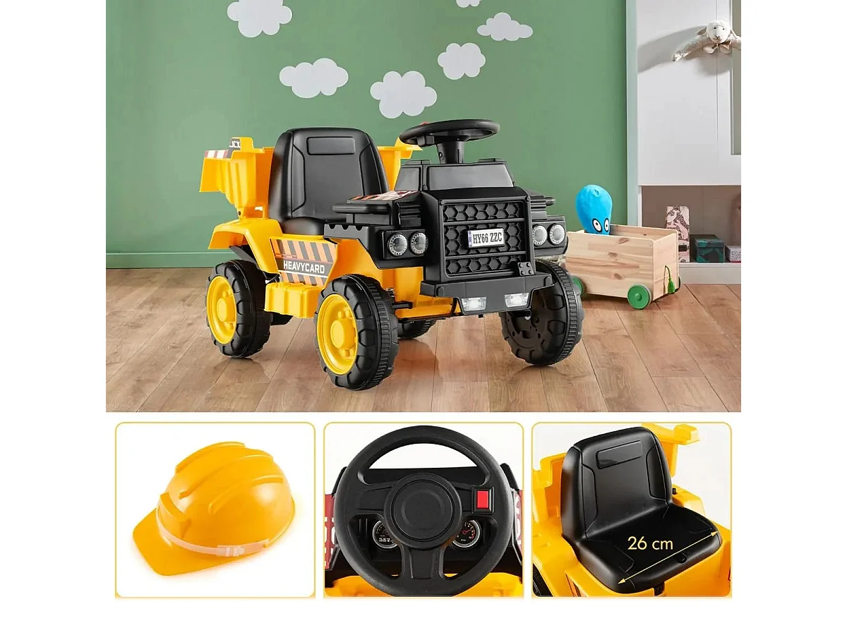 Camion Electrique Enfants 6V avec Godet Amovible & Casque de Sécurité Véhicule de Construction Electrique Charge 25kg pour Enfants de 18-36 Mois