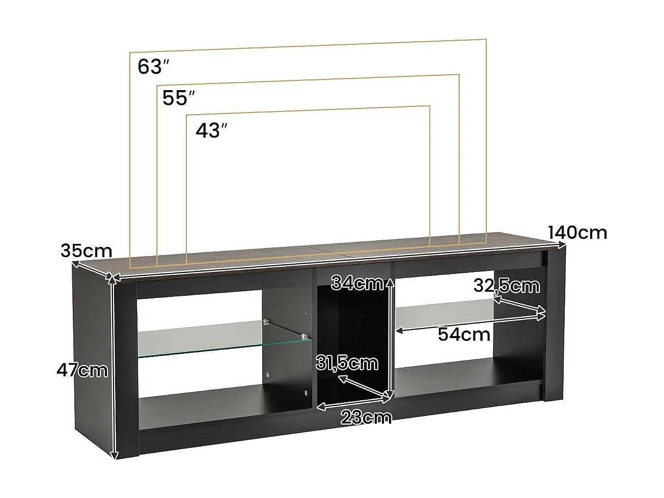 TV Schrank mit LED Beleuchtung für Fernseher bis 65 Zoll Modernes Entertainment Center