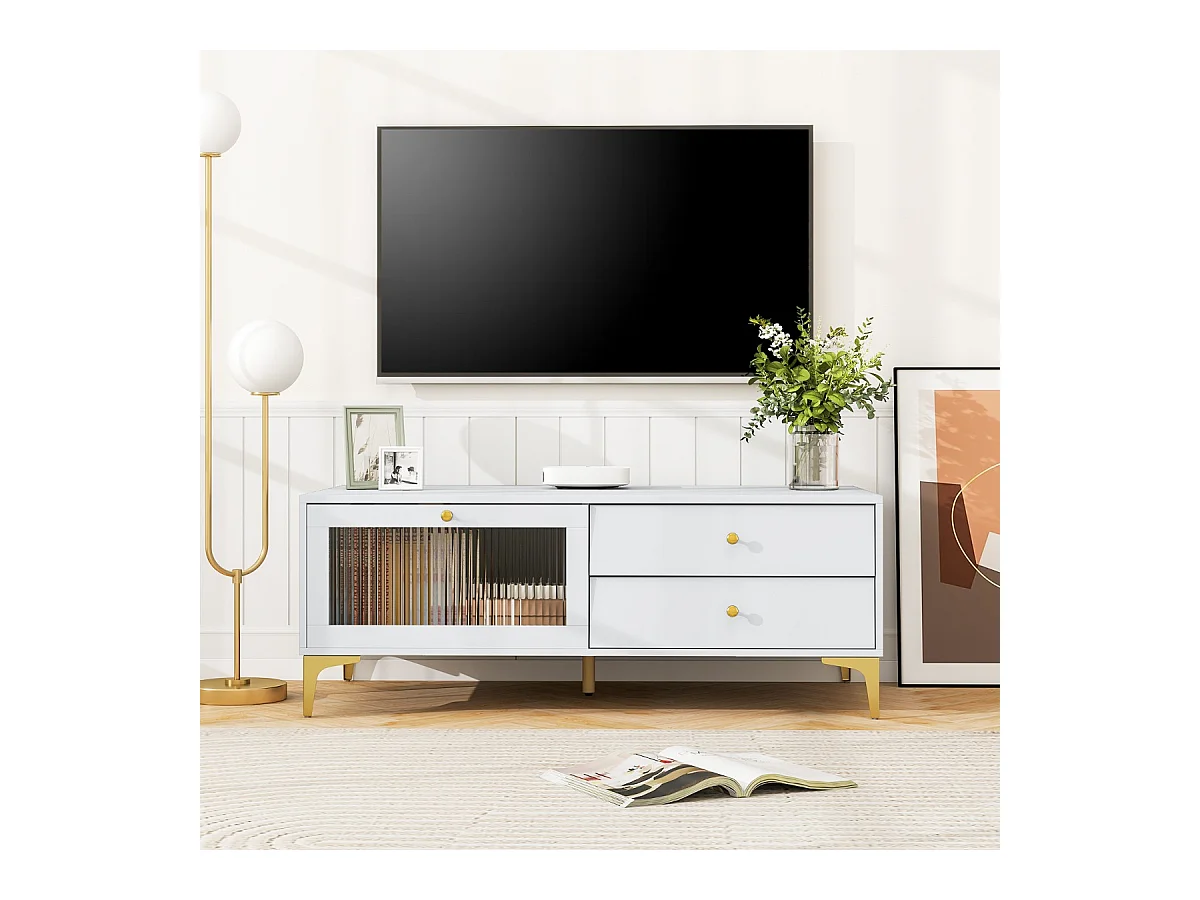 Porta tv 55” mobile console con scomparti e porta a ribalta in vetro, Centro di intrattenimento per soggiorno Grigio Chiaro