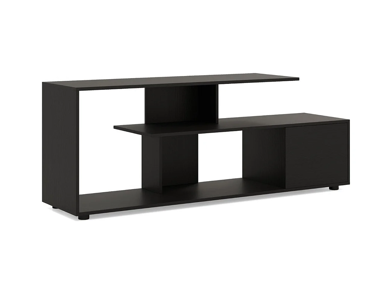 Supporto per TV con ripiani di stoccaggio e armadietto, Console media a 3 ripiani asimmetrici per soggiorno Nero