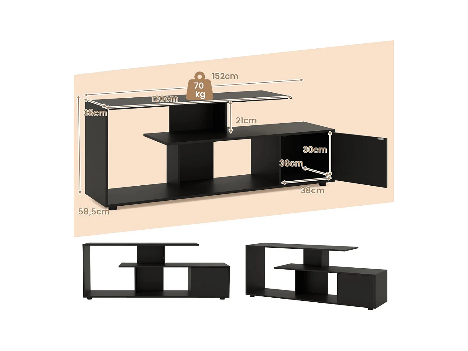 Supporto per TV con ripiani di stoccaggio e armadietto, Console media a 3 ripiani asimmetrici per soggiorno Nero