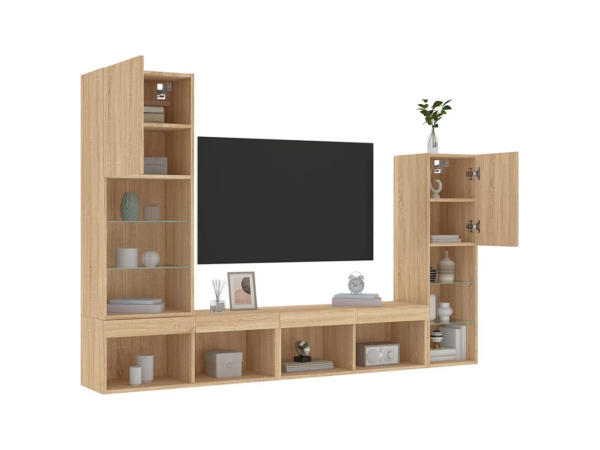 Muebles TV | Gabinetes de TV | Muebles de salón pared con LED 4 pzas madera ingeniería roble Sonoma
