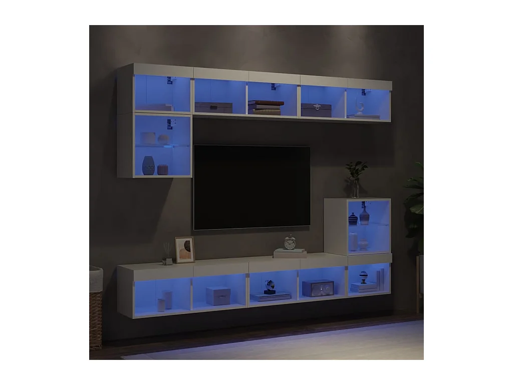 Unités murales TV | Bancs TV | Armoires TV avec LED 8 pcs blanc bois d'ingénierie
