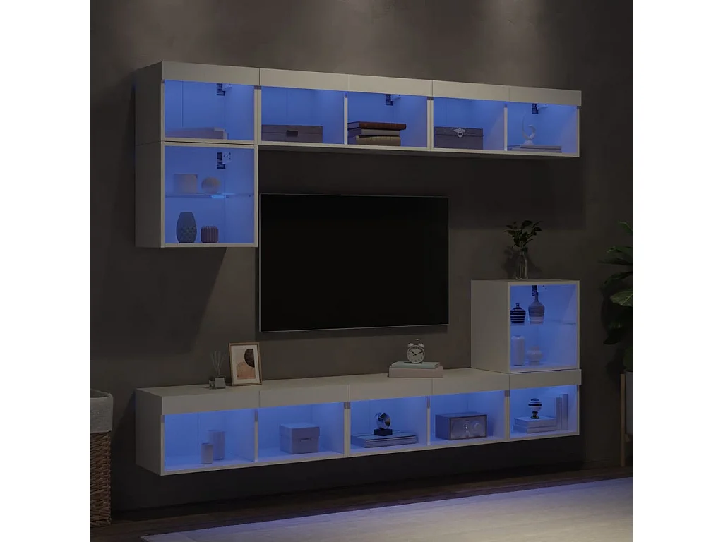 Muebles de TV | Gabinetes de TV |  Muebles de salón de pared con LED 8 pzas madera ingeniería blanco