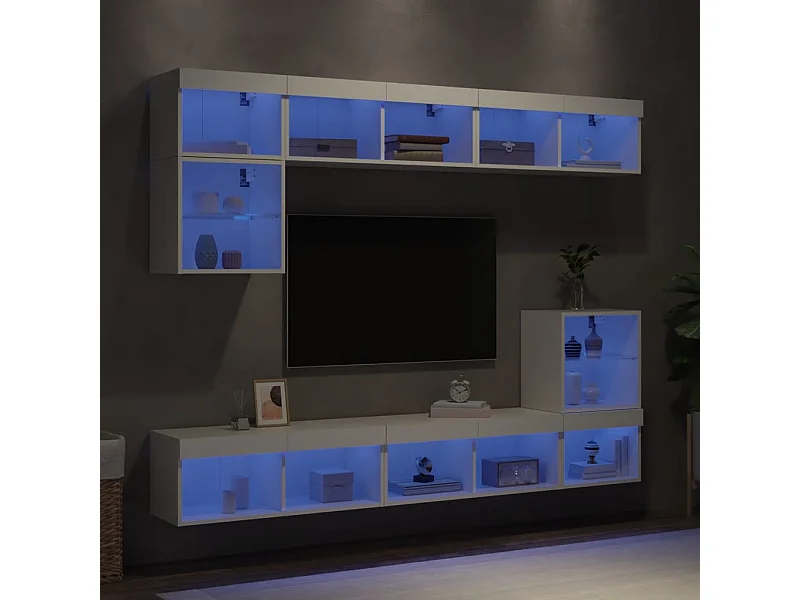 Muebles de TV | Gabinetes de TV |  Muebles de salón de pared con LED 8 pzas madera ingeniería blanco