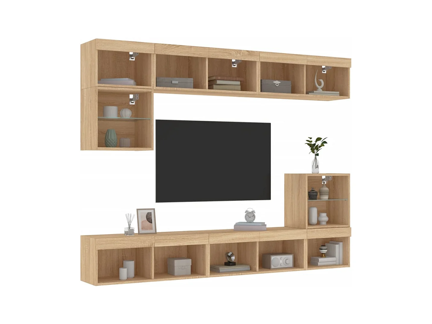 Muebles TV | Gabinetes de TV | Muebles de salón pared con LED 8 pzas madera ingeniería roble Sonoma