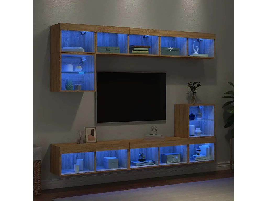 Unités murales TV | Bancs TV | Armoires TV avec LED 8 pcs chêne sonoma bois d'ingénierie