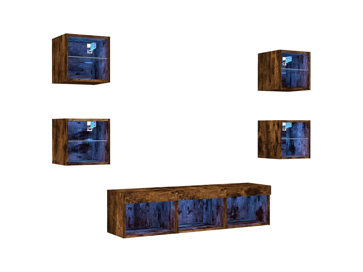Muebles TV | Gabinetes de TV | Muebles de salón pared con LED 7 pzas madera ingeniería roble ahumado