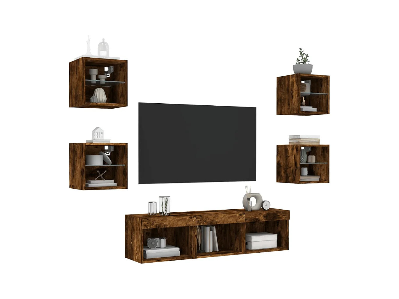 Muebles TV | Gabinetes de TV | Muebles de salón pared con LED 7 pzas madera ingeniería roble ahumado