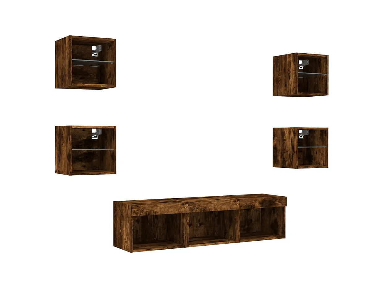 Muebles TV | Gabinetes de TV | Muebles de salón pared con LED 7 pzas madera ingeniería roble ahumado
