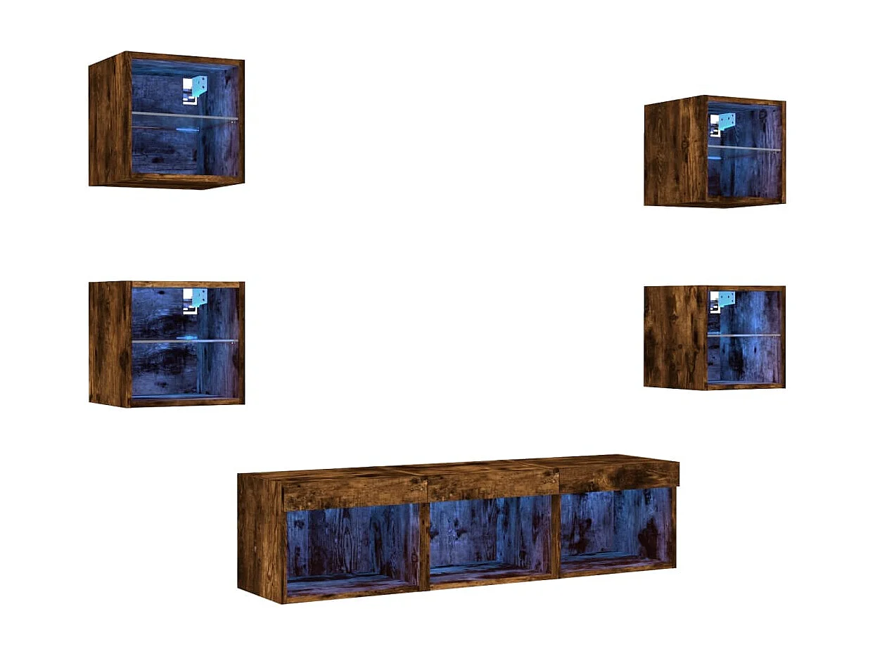 Unités murales TV | Bancs TV | Armoires TV avec LED 7 pcs chêne fumé bois d'ingénierie