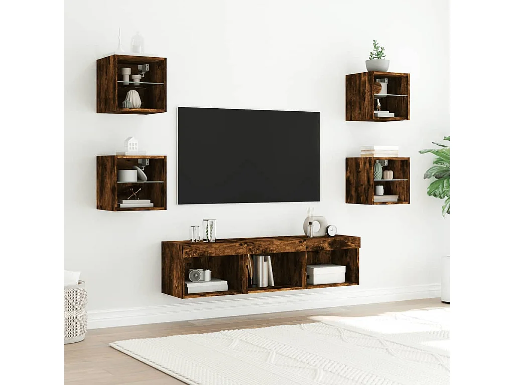 Unités murales TV | Bancs TV | Armoires TV avec LED 7 pcs chêne fumé bois d'ingénierie