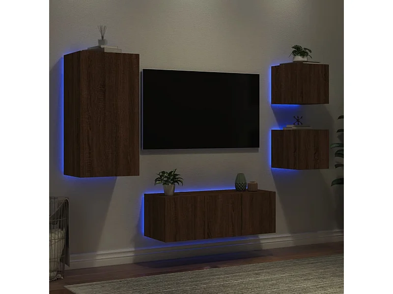 Unités murales TV | Bancs TV | Armoires TV avec LED 5 pcs chêne marron bois d'ingénierie