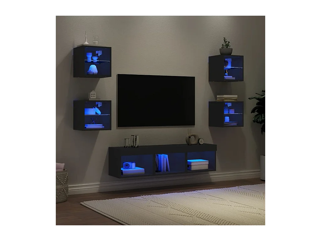 Muebles de TV | Gabinetes de TV |  Muebles de salón de pared con LED 7 pzas madera ingeniería negro