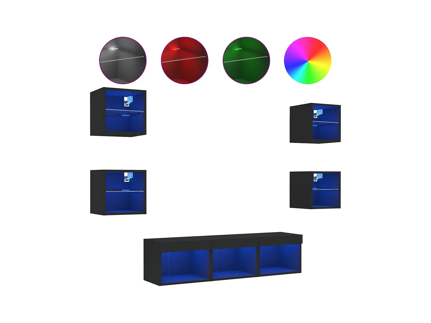 Muebles de TV | Gabinetes de TV |  Muebles de salón de pared con LED 7 pzas madera ingeniería negro