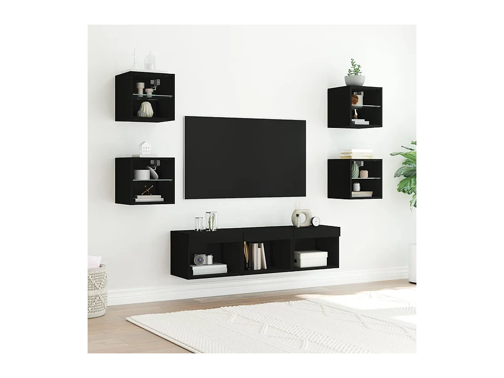 Muebles de TV | Gabinetes de TV |  Muebles de salón de pared con LED 7 pzas madera ingeniería negro