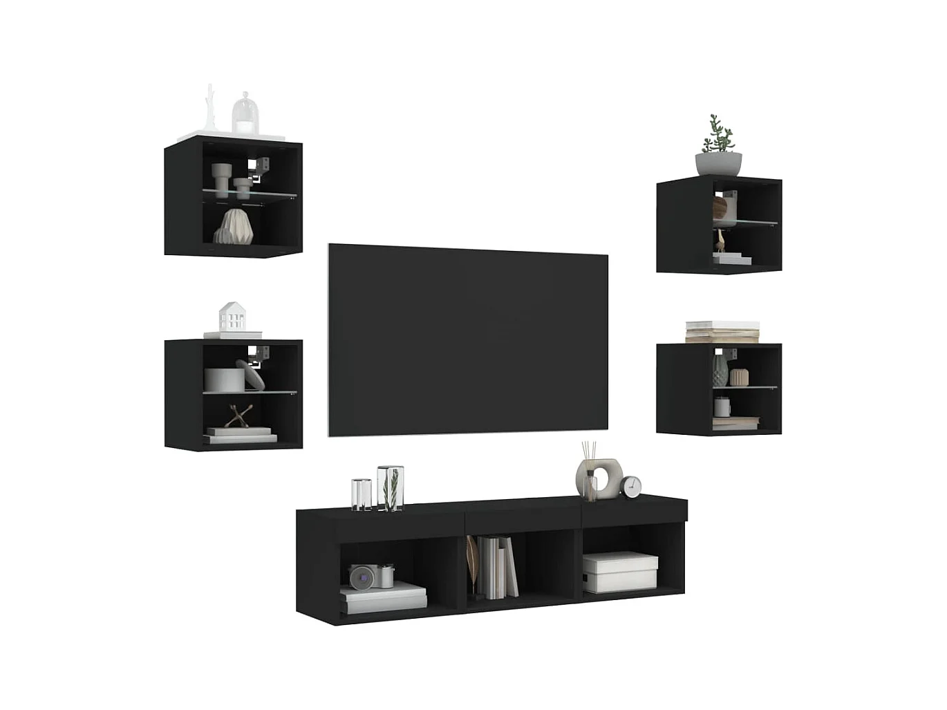 Muebles de TV | Gabinetes de TV |  Muebles de salón de pared con LED 7 pzas madera ingeniería negro