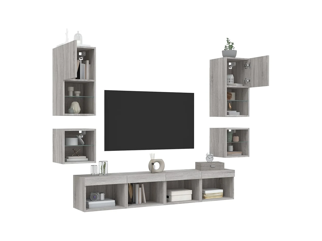 Unités murales TV | Bancs TV | Armoires TV avec LED 8 pcs gris sonoma bois d'ingénierie