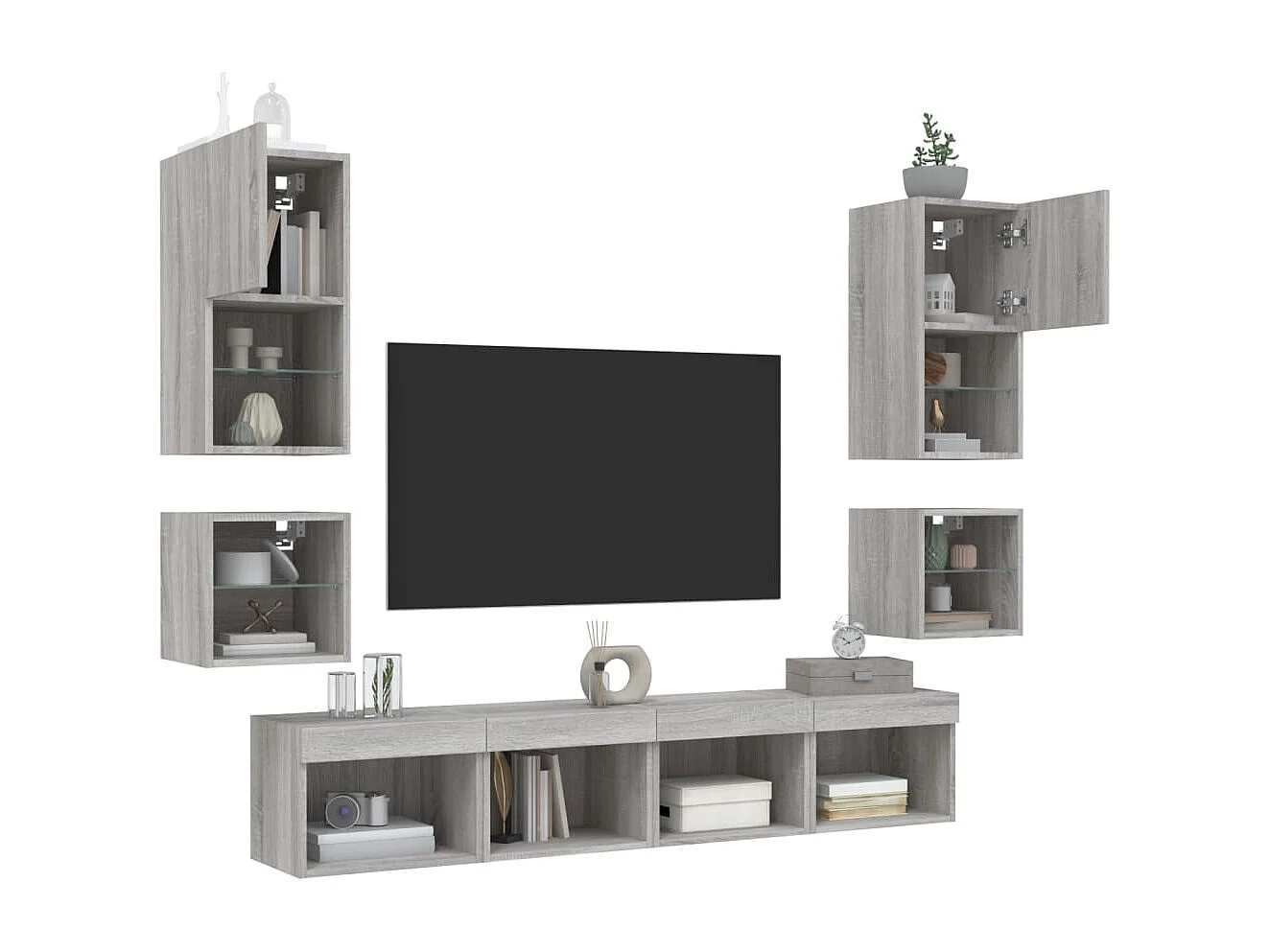 Muebles TV | Gabinetes de TV | Muebles de salón pared con LED 8 pzas madera ingeniería gris Sonoma