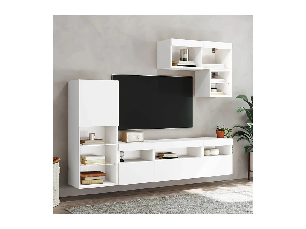 Unités murales TV | Bancs TV | Armoires TV avec LED 6 pcs blanc bois d'ingénierie