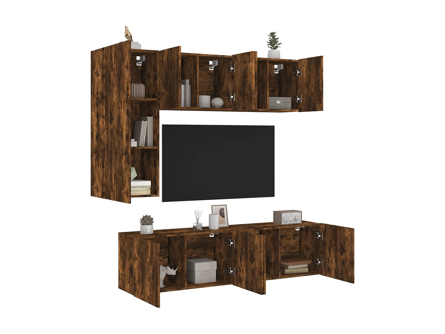 Unités murales TV | Bancs TV | Armoires TV 5 pcs chêne fumé bois d'ingénierie