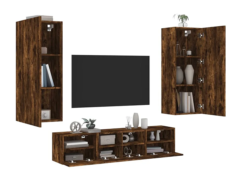 Unités murales TV | Bancs TV | Armoires TV 5 pcs chêne fumé bois d'ingénierie