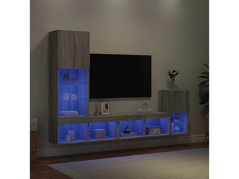 Muebles TV | Gabinetes de TV | Muebles de salón pared con LED 4 pzas madera ingeniería gris Sonoma