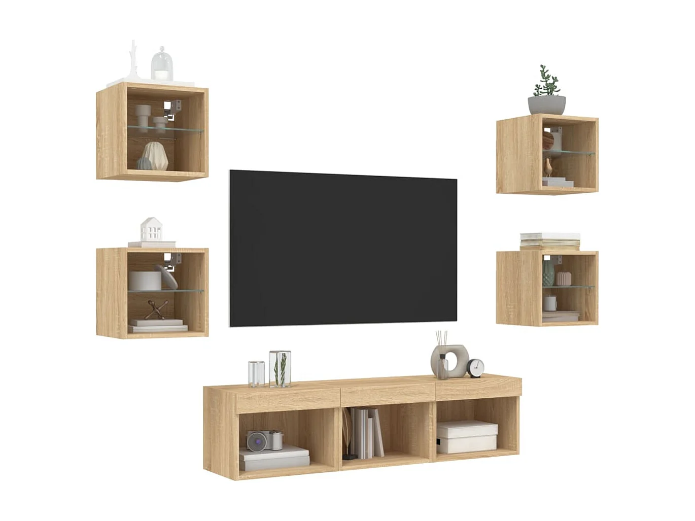 Unités murales TV | Bancs TV | Armoires TV avec LED 7 pcs chêne sonoma bois d'ingénierie