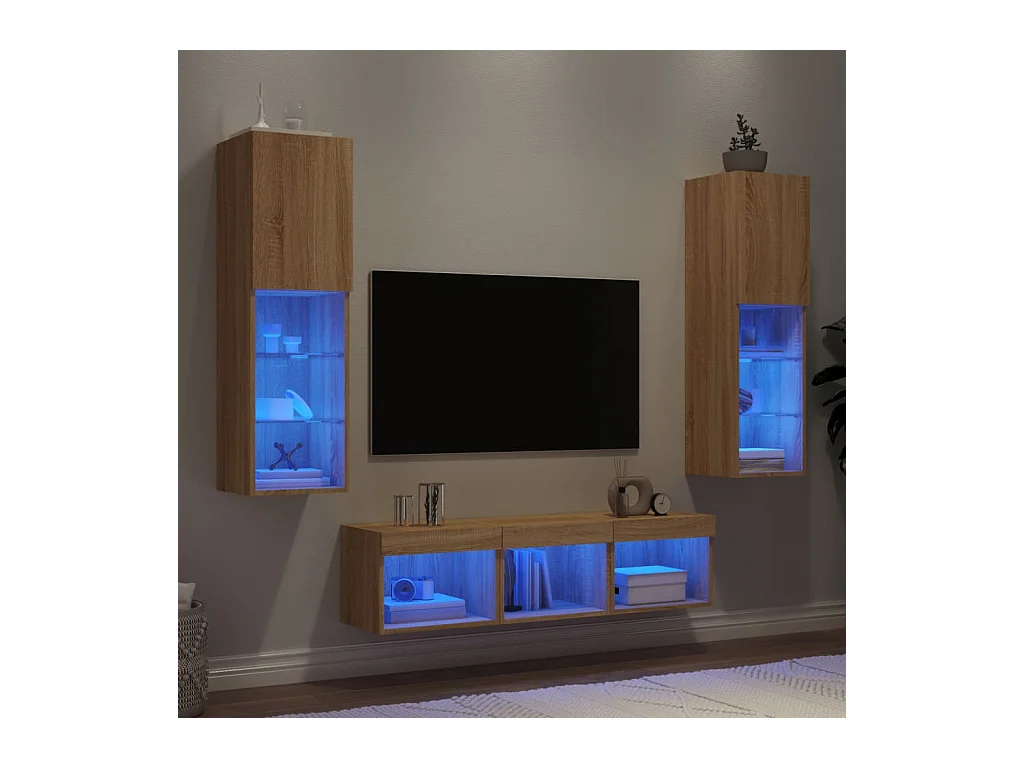 Muebles TV | Gabinetes de TV | Muebles de salón pared con LED 5 pzas madera ingeniería roble Sonoma