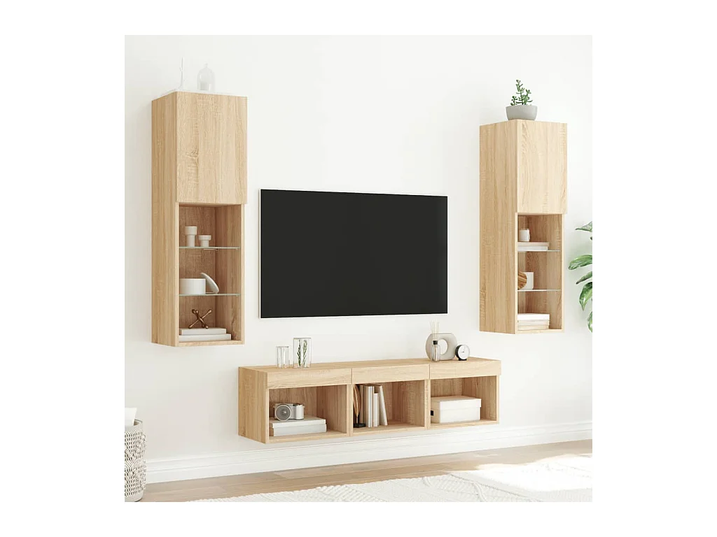 Muebles TV | Gabinetes de TV | Muebles de salón pared con LED 5 pzas madera ingeniería roble Sonoma