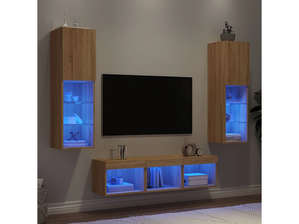 Unités murales TV | Bancs TV | Armoires TV avec LED 5 pcs chêne sonoma bois d'ingénierie