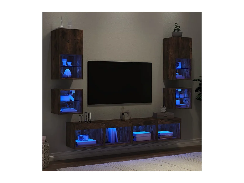 Muebles TV | Gabinetes de TV | Muebles de salón pared con LED 8 pzas madera ingeniería roble ahumado