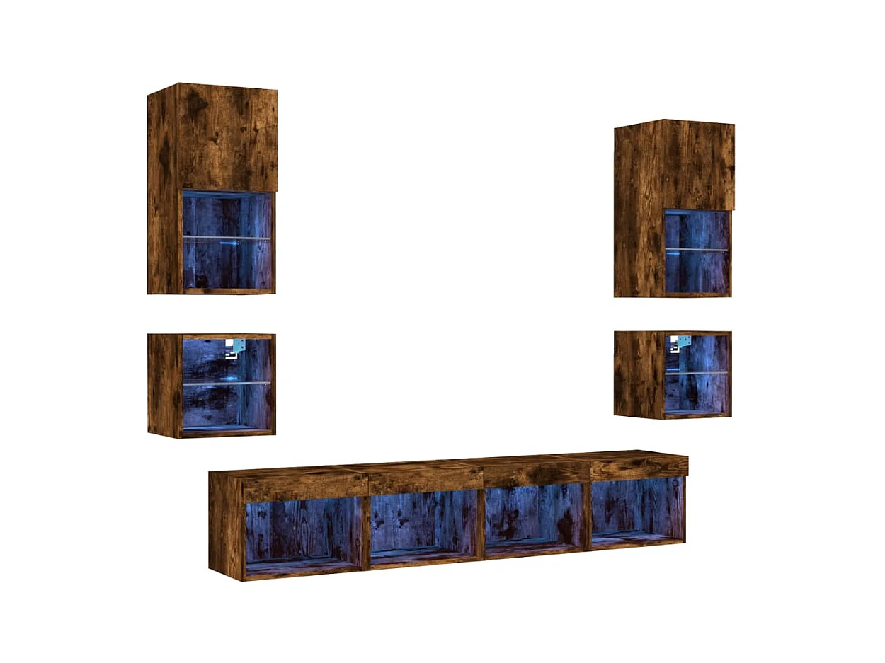 Muebles TV | Gabinetes de TV | Muebles de salón pared con LED 8 pzas madera ingeniería roble ahumado